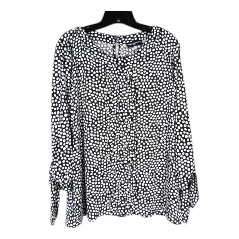 KARL LAGERFELD Black/White CREPE Polka-Dot Print TIE CUFF Pleated BLOUSE/TOP L